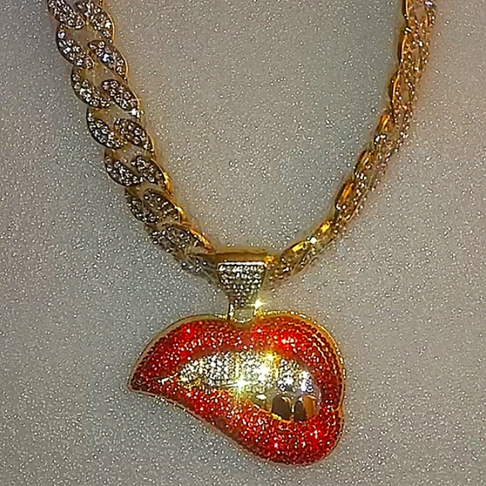 COPY - 20 inch cuban link necklace with red sexy biting lips pendant charm